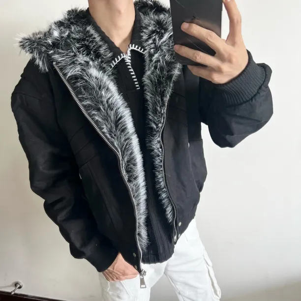 LJFTZ&座山雕珠帆布美式短款秋冬加绒加厚连帽外套男女保暖潮流