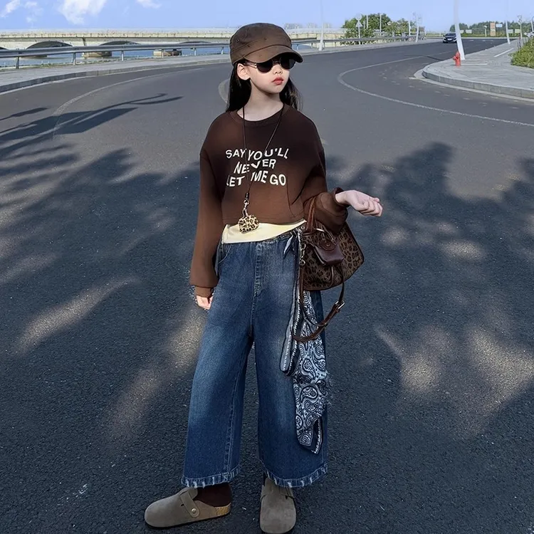 女童牛仔裤2025新款儿童春秋装阔腿裤中大童女孩秋季休闲八分裤子