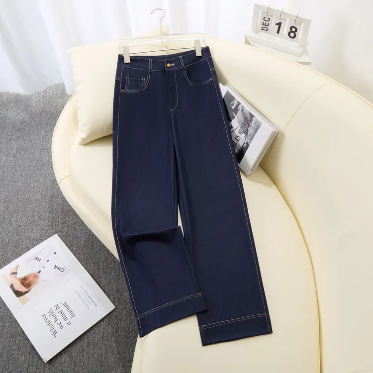 秋季丹宁蓝阔腿牛仔裤新款窄版阔腿裤小个子宽松高腰设计直筒裤女