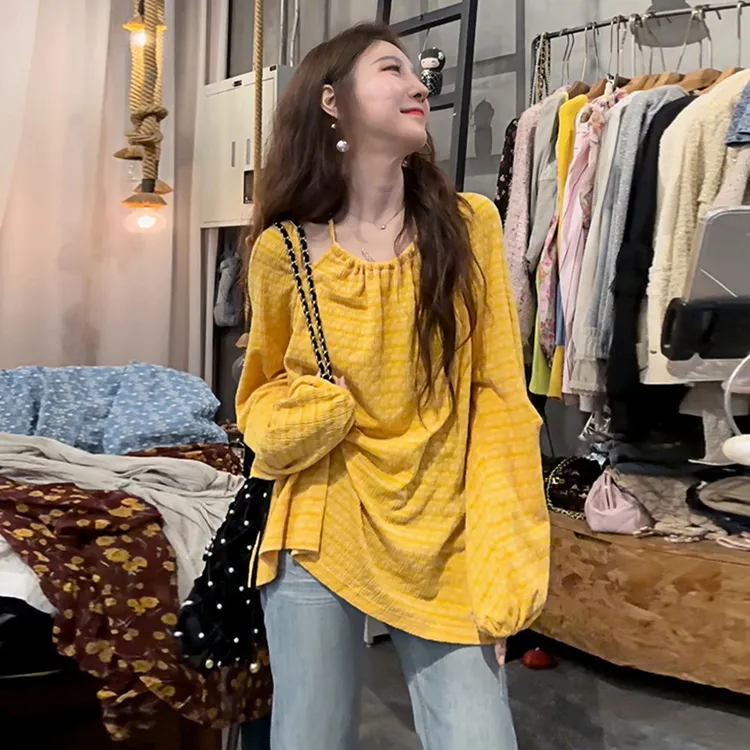 韩系时尚设计感甜美吊带挂脖长袖上衣女秋季新款宽松遮肉百搭T恤