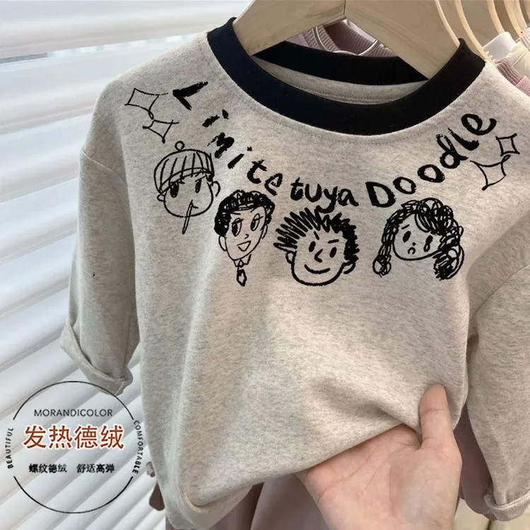 韩系德绒儿童新款长袖T恤可爱百搭圆领男女童卡通拼色打底上衣
