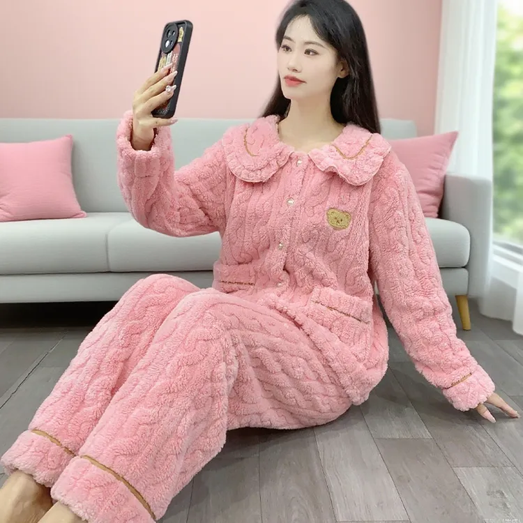 睡衣女法兰绒秋冬季2025新款加厚翻领开衫外穿冬天家居服套装Y91