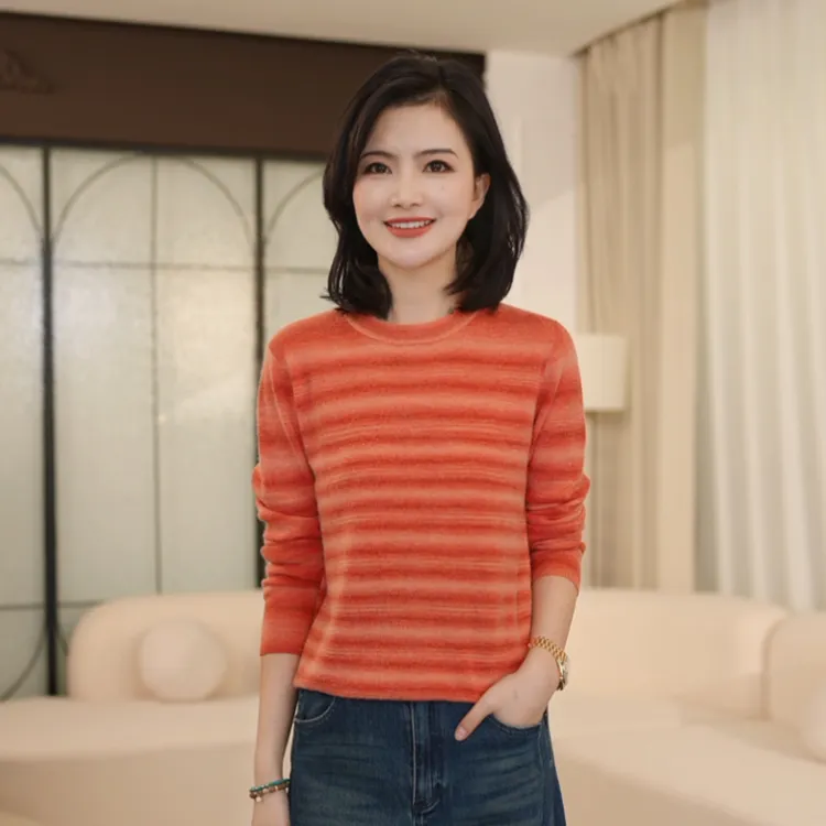 枫竺阿楠anan绵羊毛圆领条纹长袖针织衫女秋冬装显瘦毛衣打底上衣
