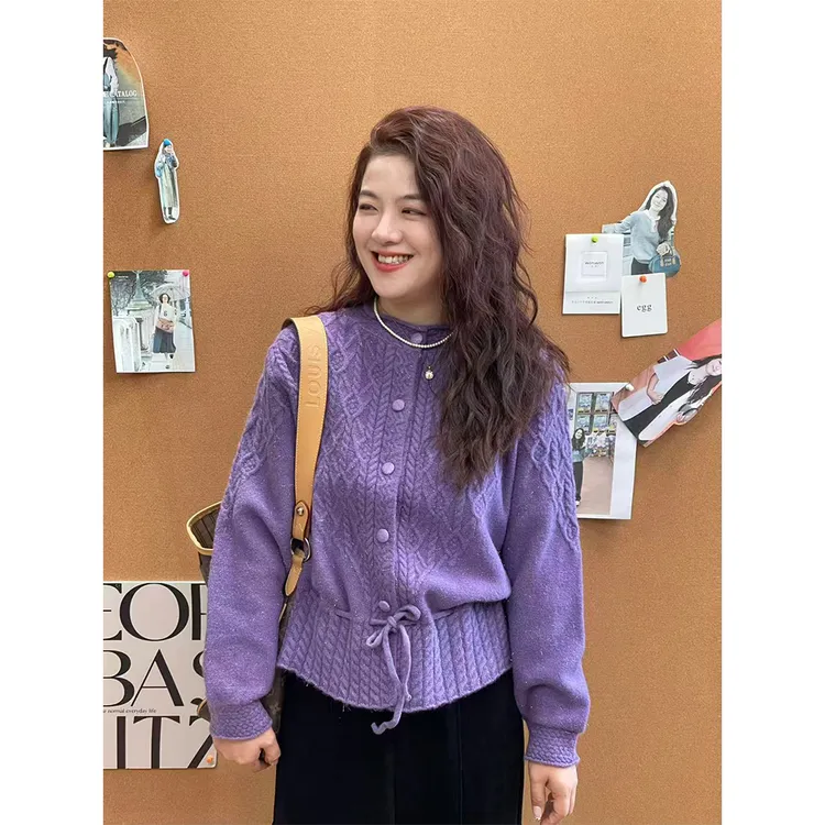 WenWen小个子2025秋冬新款收腰设计百搭麻花抽绳开衫针织毛衣4693