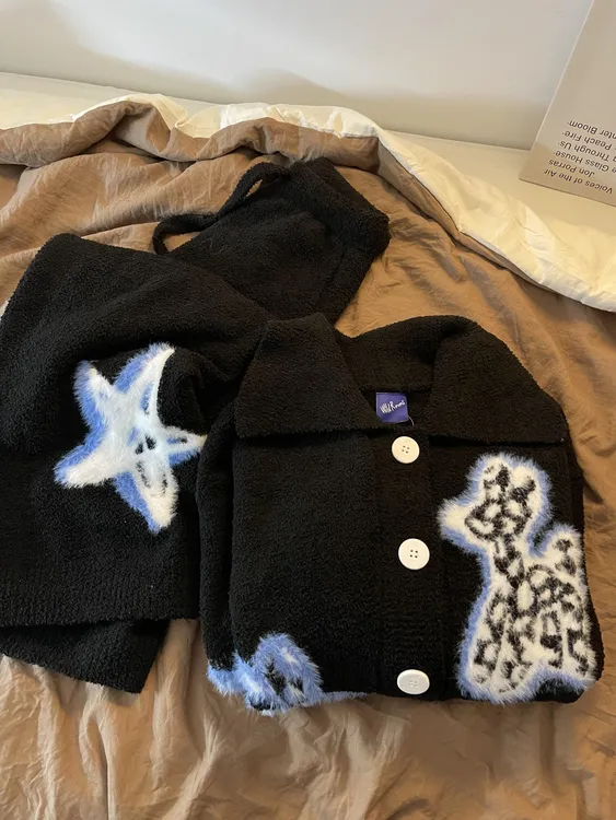 韩系星星卡通简约通勤半边绒睡衣女冬季慵懒风氛围感家居服可外穿