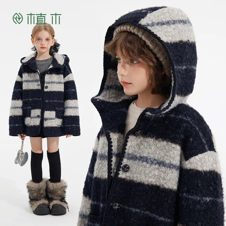 植木童装 儿童外套2025秋冬新款中大童连帽毛呢外套上衣女童外套