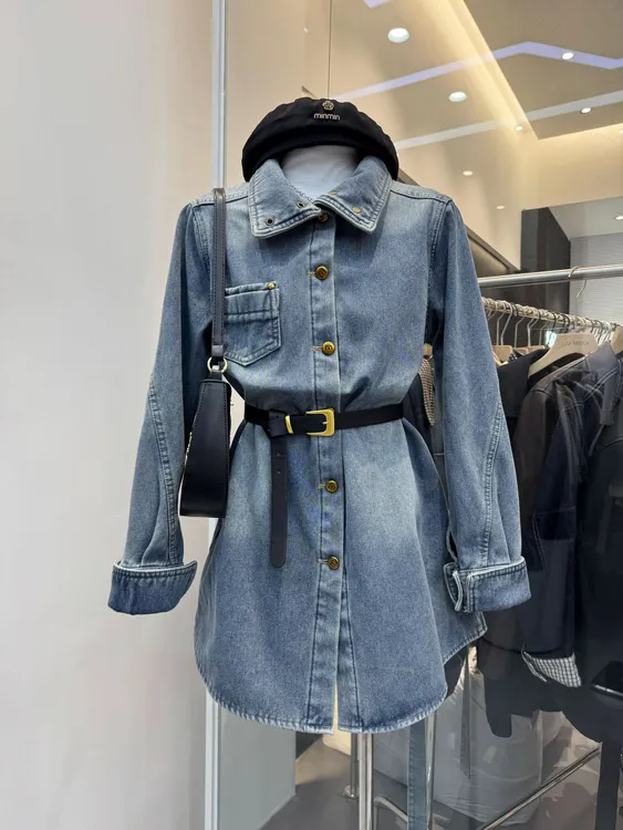 美式金扣立领加绒牛仔外套女2025秋冬季欧货宽松配腰带加厚衬衫