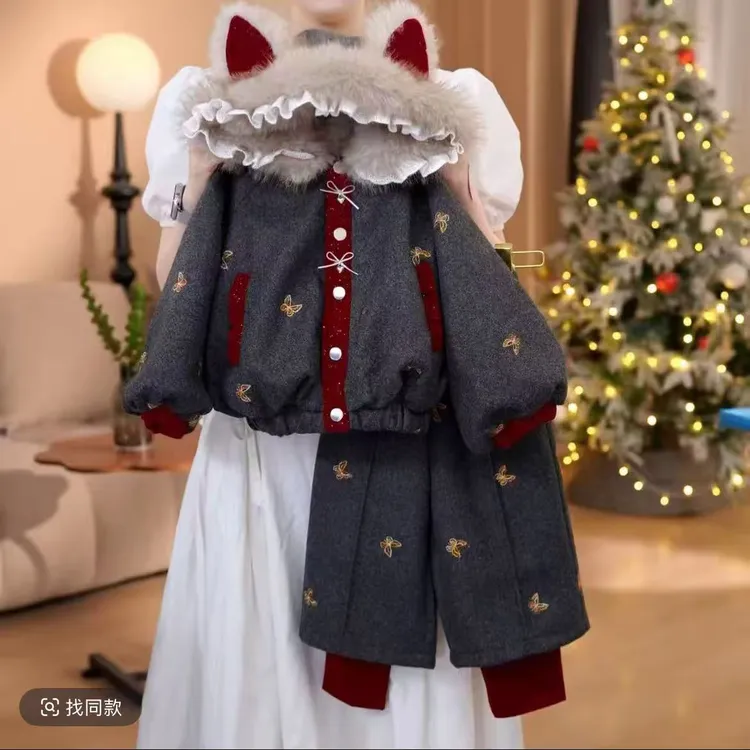 【福蝶来财】冬季女童加厚韩版外套上衣外套裤子套装-1103