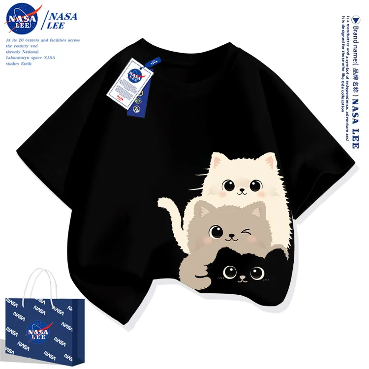 NASA女童纯棉t恤短袖夏2026新款女孩猫咪印花衣服儿童洋气半袖