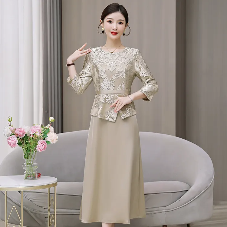 2025春秋婚宴会礼服喜婆婆装敬酒连衣裙修身中长款聚会妈妈装裙子