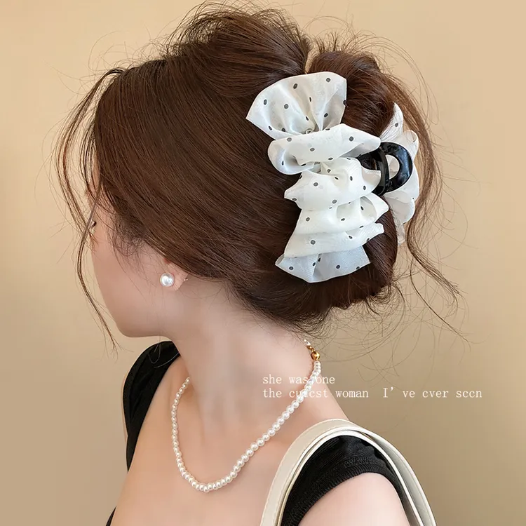 韩系优雅波点大号抓夹女高级感发夹后脑勺蝴蝶结丸子头气质鲨鱼夹