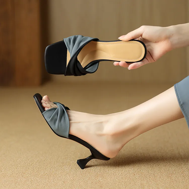 头层羊皮！半拖鞋女外穿时尚2025新款方头细跟后空露趾凉鞋高跟鞋