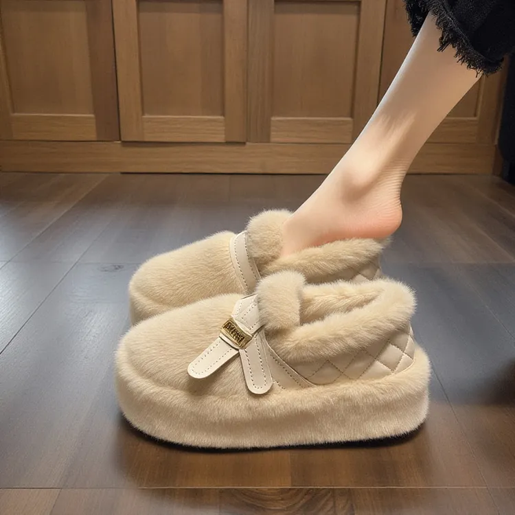 兔毛绒厚底毛毛鞋女2025年新款冬季皮带扣晚晚风加绒保暖孕妇棉鞋