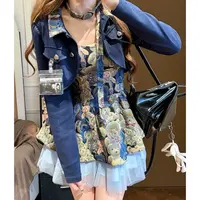 【蓝莓小熊四件套】藏青色吊带连衣裙女秋季网纱拼接复古花苞短裙子
