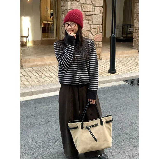 ONNI经典百搭撞色条纹拉链针织开衫秋季韩系毛衣休闲宽松外套#136