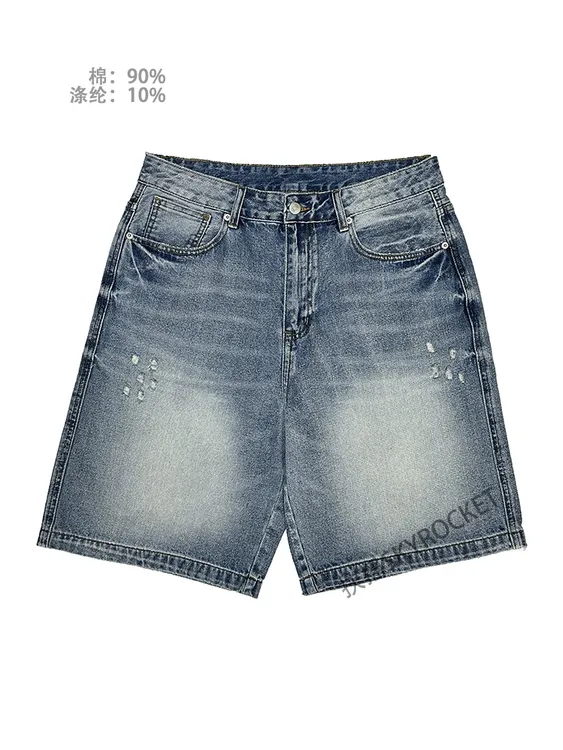 SKYROCKET扶摇夏季水洗美式复古牛仔五分裤男潮流百搭直筒短裤