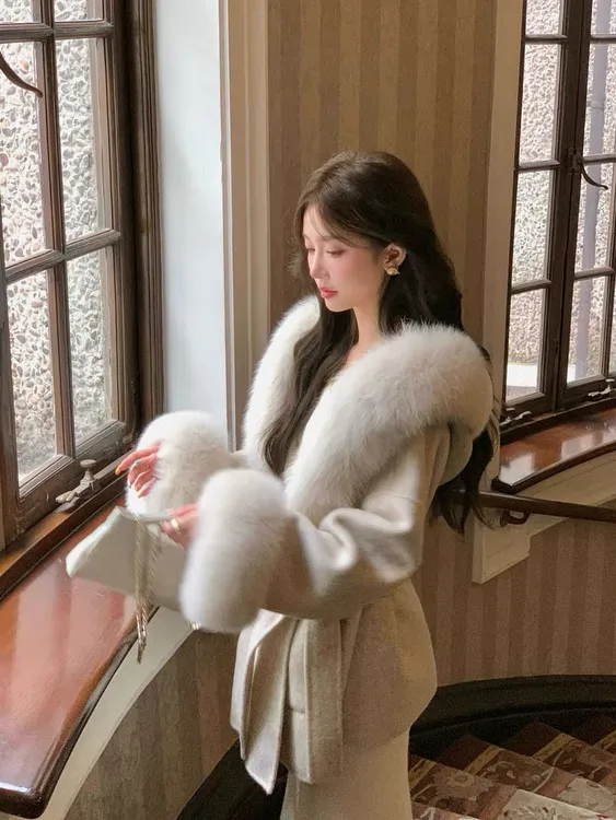 沪上千金名媛超大狐狸毛领双面羊毛毛呢大衣皮草连帽外套秋冬