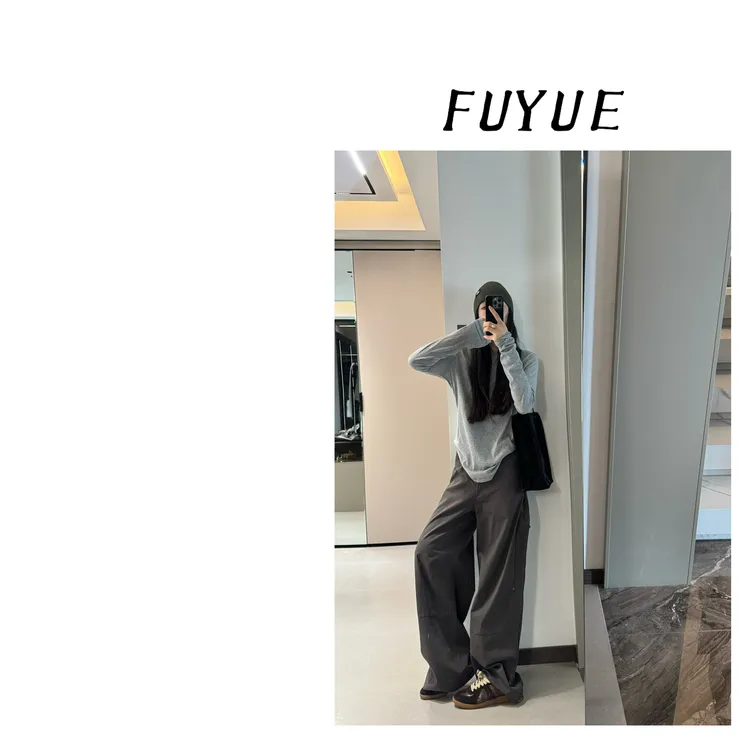 FUYUE赴约 早秋灰色工装裤松弛显瘦百搭休闲后腿拉链工装兜兜