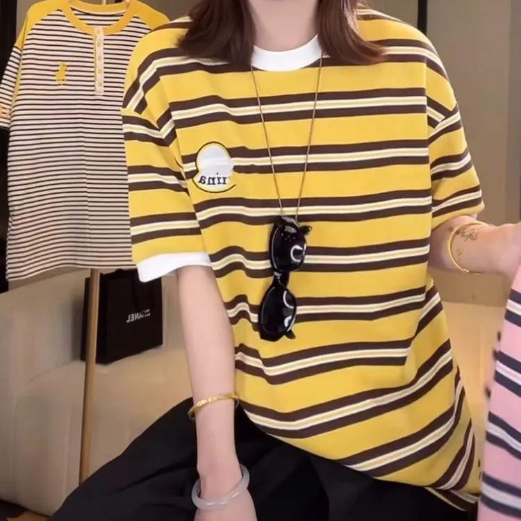 潮牌刺绣黄色条纹短袖T恤女2025夏季新款宽松百搭显瘦超好看上衣