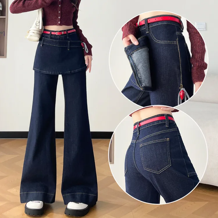 蜜蜜穿搭拼接屁帘假两件微喇牛仔裤女2025秋冬季设计感弹力阔腿裤