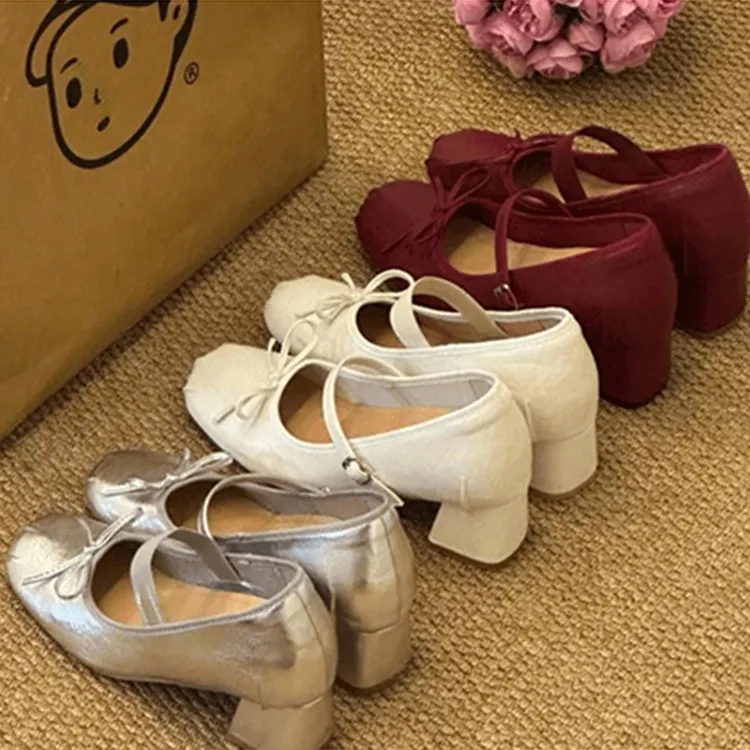【工厂直销】玛丽珍鞋女高跟隐形内增高浅口芭蕾风圆头蝴蝶结单鞋女