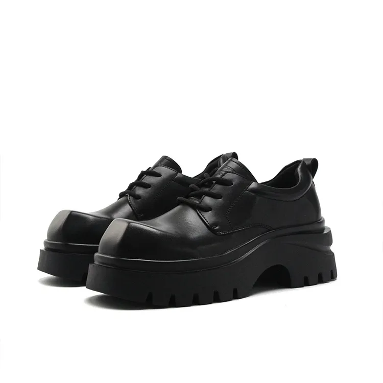 新款英伦风7公分增高男士皮靴时尚系带德比鞋方头休闲皮鞋黑色