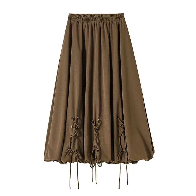 秋冬个性绑带系绳花苞半身裙女2025松紧腰A字裙灯笼裙中长裙