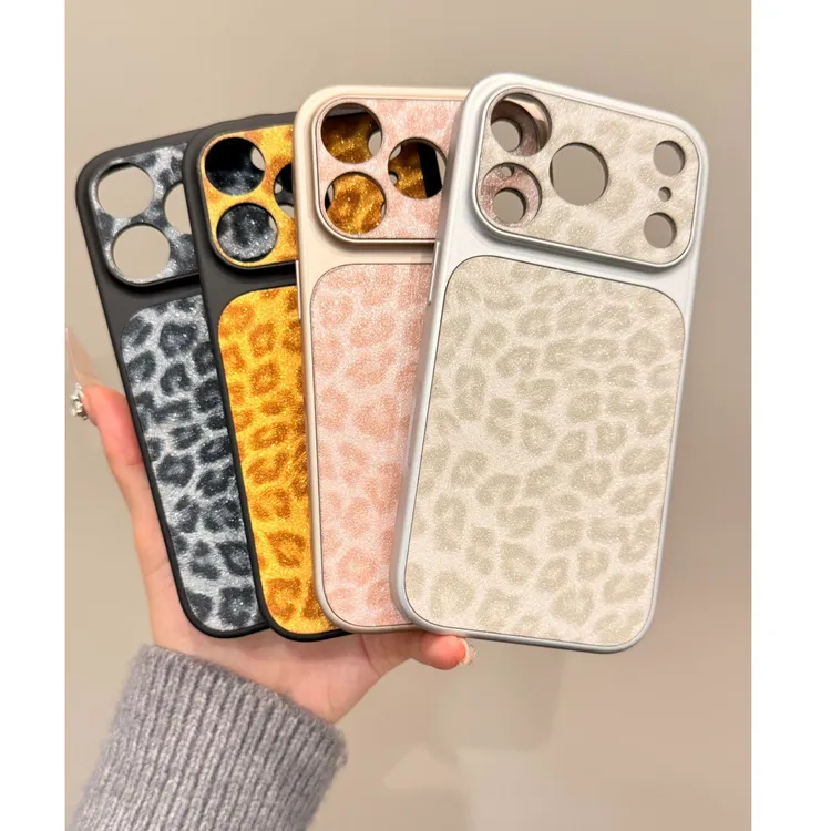 小众豹纹细闪贴皮手机壳适用iPhone17promax包相机键精孔秒变17