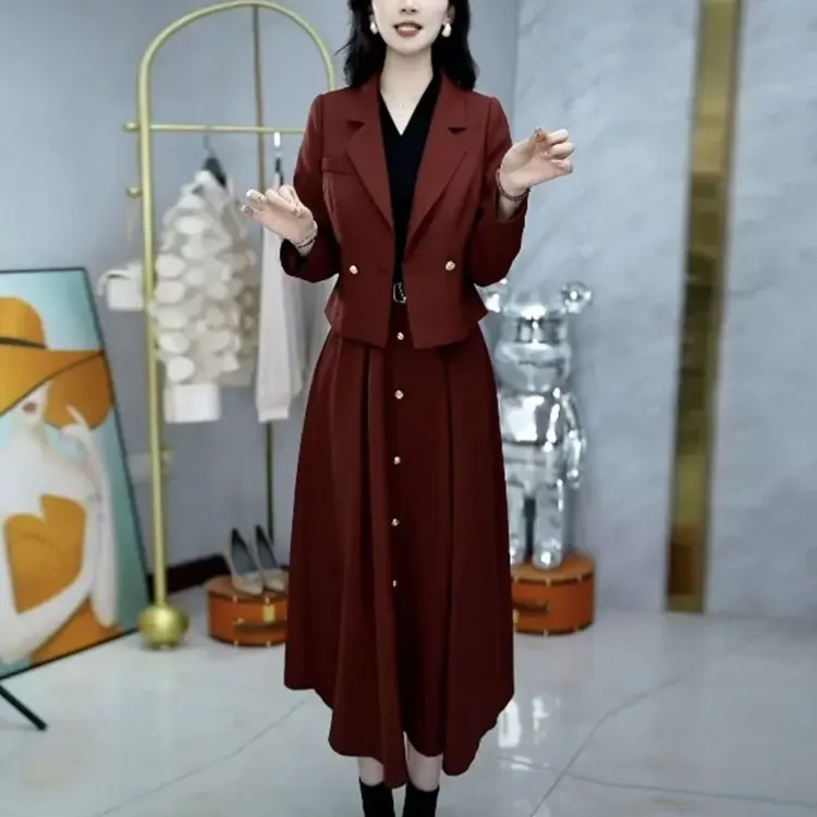 莉丝精纺两件套2025秋季新款时尚轻奢显瘦西服外套洋气连衣裙套装
