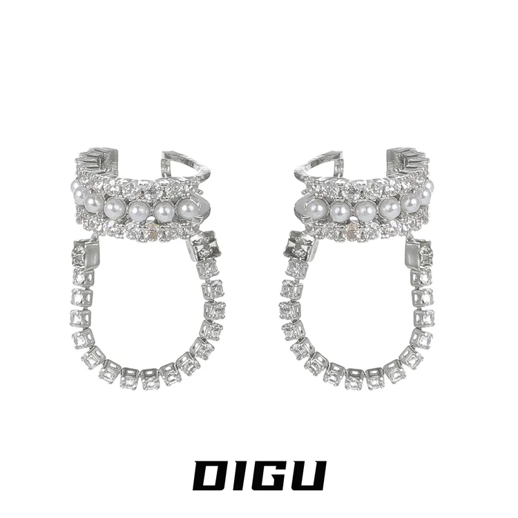 嘀咕家 铜合金合成锆石耳饰 精致多层珍珠镶钻耳夹流苏耳骨夹耳饰