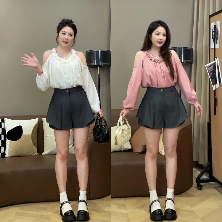 大萌萌【现货】法式设计感漏肩小衫裙裤秋季微胖显瘦套装P225C13919