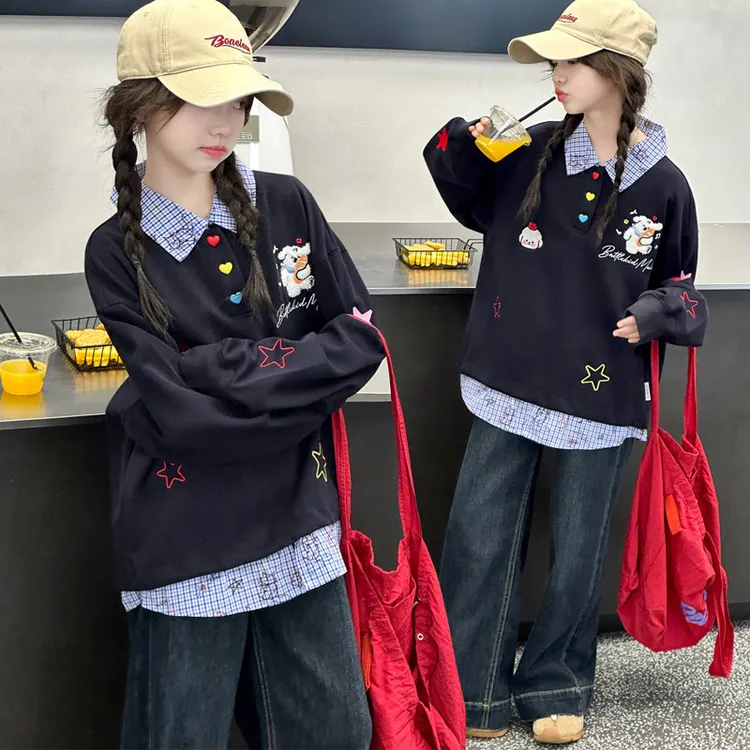 女童春秋款假两件polo衫卫衣牛仔裤套装中大童时髦洋气儿童秋装潮