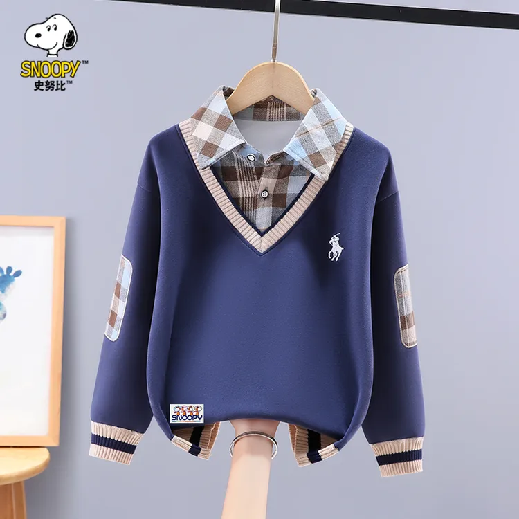 Snoopy/史努比男童卫衣假两件秋冬装中大童加绒加厚衬衫领学院风
