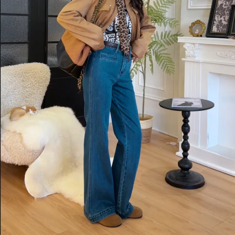 【法式·云游】秋冬新款加绒纯棉微弹高腰直筒不贴腿微喇叭牛仔裤女