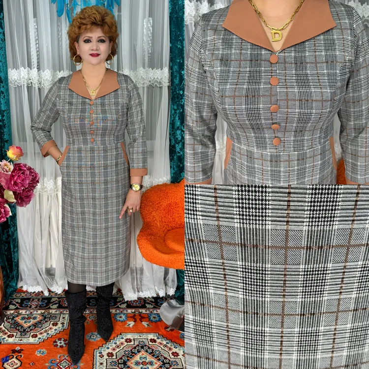 高弹力九分袖新中式侧拉链连衣裙长袖格子冬季加厚