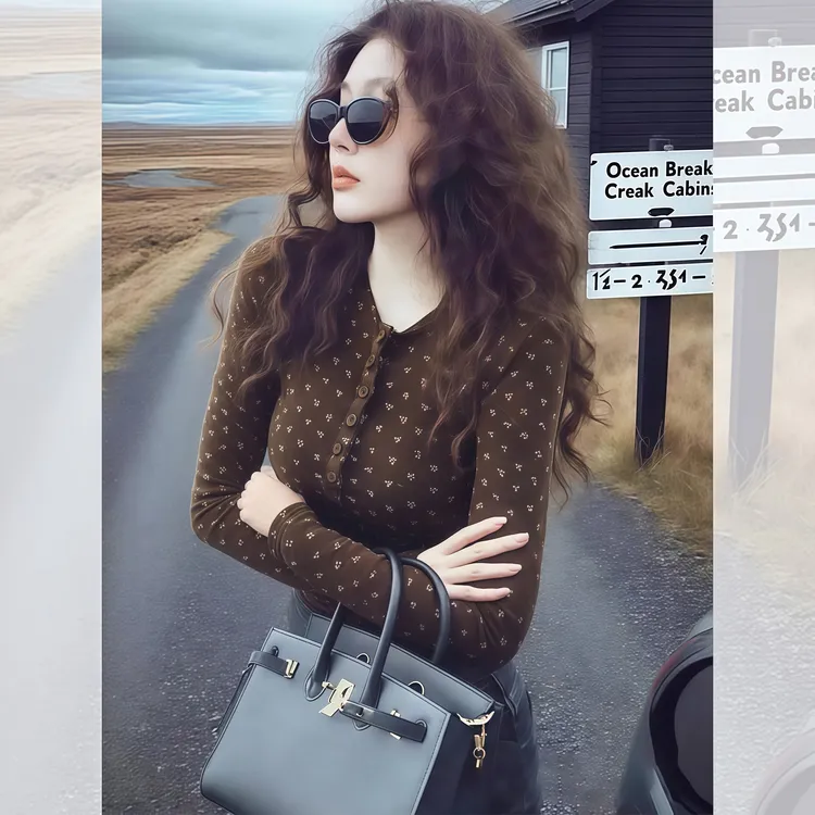 2025秋冬独特漂亮内搭半开领打底长袖T恤洋气百搭咖色碎花上衣女