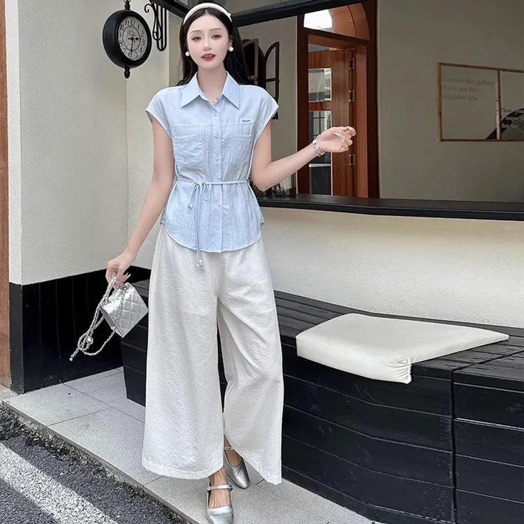 拉夏贝尔时尚气质套装女2025夏季新款百搭衬衫收腰显瘦洋气两件套
