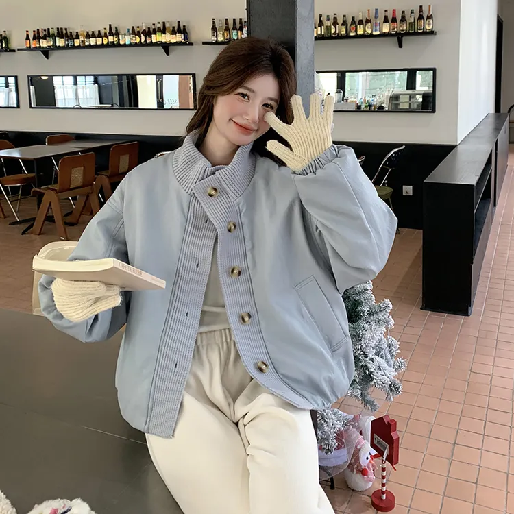 针织拼接蓝色pu皮羽绒服女冬季2025新款短款小个子韩系白鸭绒外套