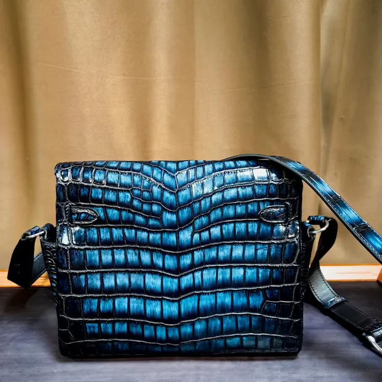 尼罗鳄鱼皮包气质手工擦色挎包蓝色鳄鱼皮通勤风男士时尚休闲百搭