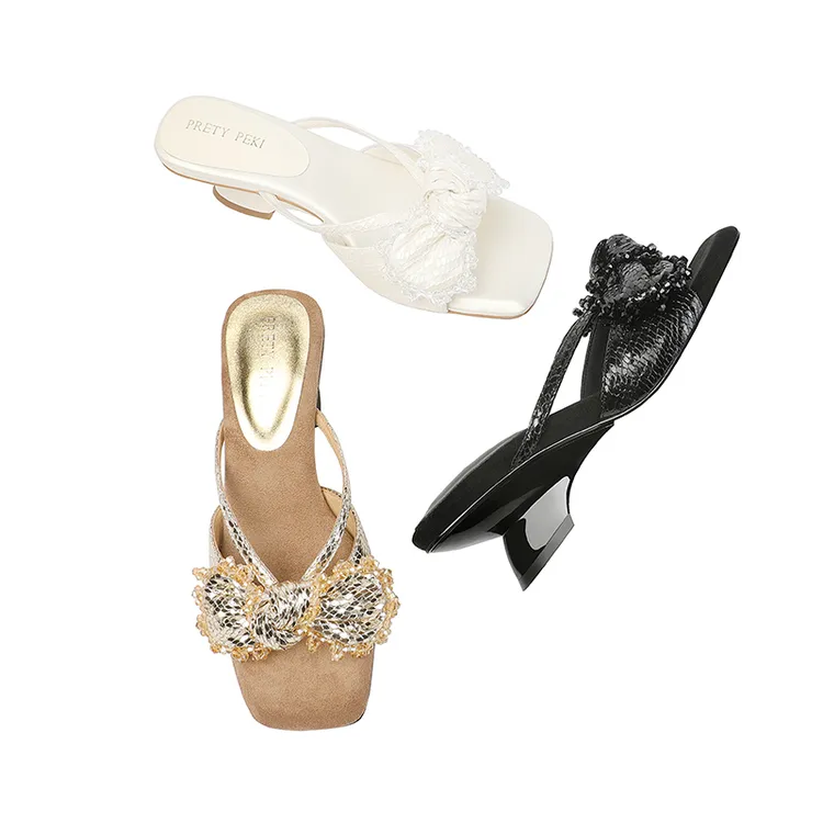 【跟高6cm】2025年夏季新款蝴蝶结方头坡跟百搭气质时尚外穿女