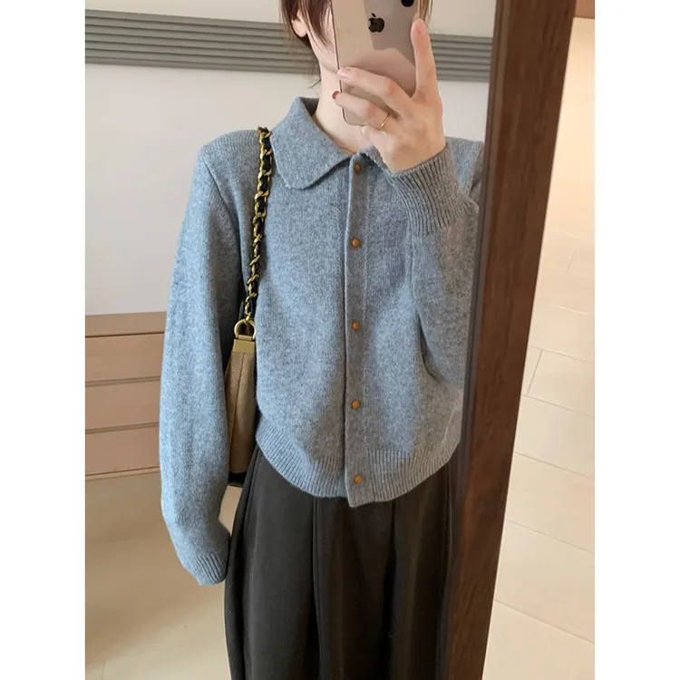 简约风娃娃领浣熊开衫2025年秋季新款韩版翻领显瘦上衣针织衫女装