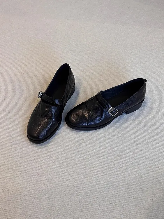 森唔~羊皮版软底一脚蹬复古玛丽珍乐福鞋女简约真皮一字带小皮鞋