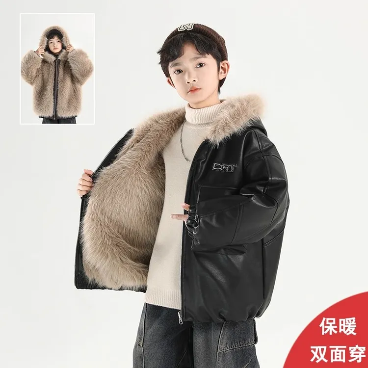 男童外套2025新款冬装儿童加绒加厚皮衣中大童两面穿男孩帅气时髦
