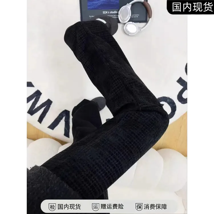 黑色雪尼尔运动卫裤男款冬季美式加绒加厚直筒裤慵懒高级感微喇裤