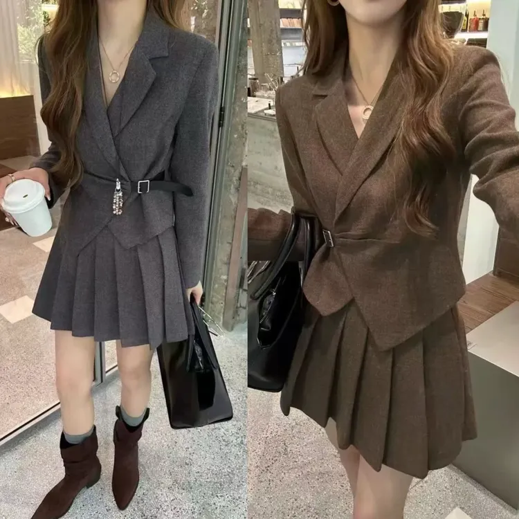 设计感收腰毛呢西装外套+百褶裙两件套女2025秋季时尚套装A1565