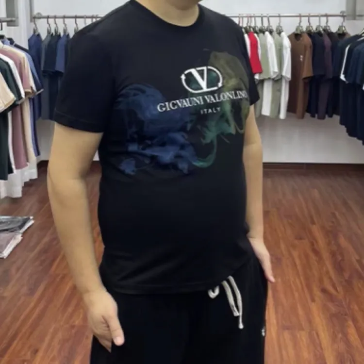 短袖青年圆领修身型标准男士丝光棉黑色T恤字母印花夏季欧货7701