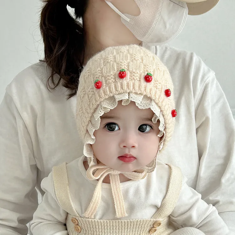 无檐秋冬季婴幼儿宝宝套头帽子可爱花边女公主针织护耳帽保暖毛线
