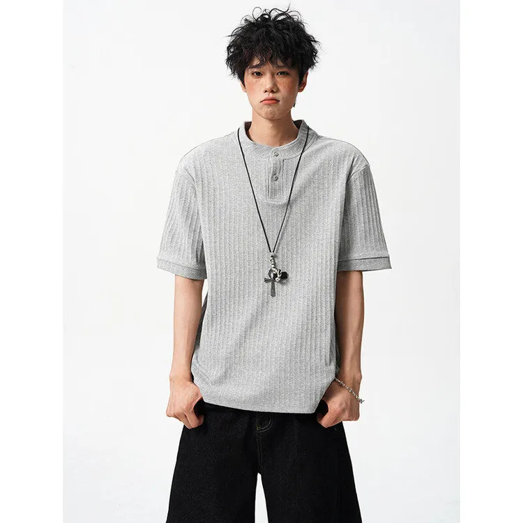 肌理感竖条纹亨利领男女短袖t恤cleanfit老钱风夏季复古纯色上衣
