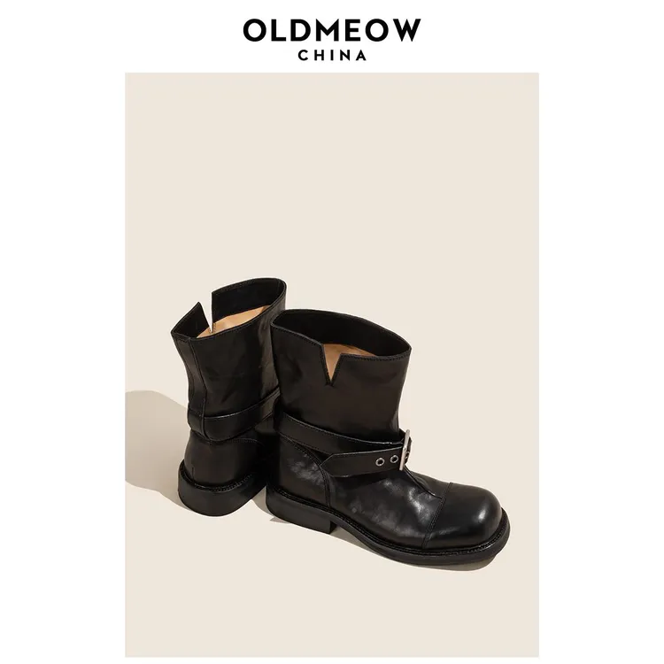 新款 复古百搭骑行靴女秋冬新款皮带扣马丁靴西部牛仔美拉德短靴