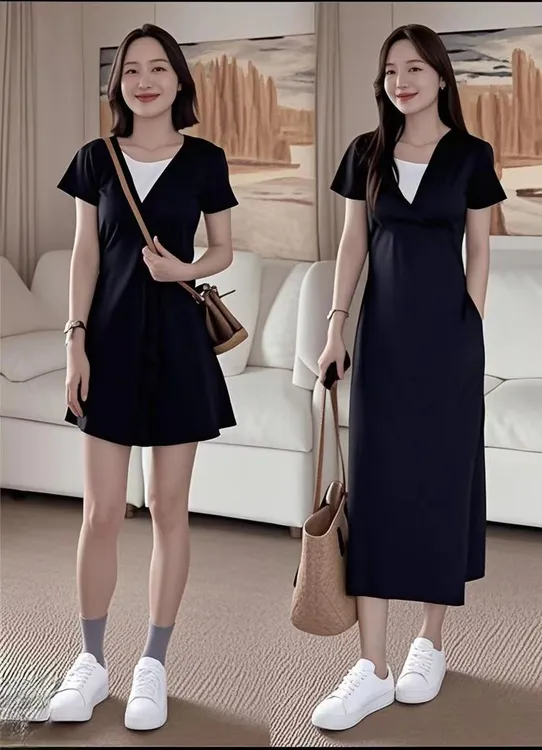 夏季休闲复古法式显瘦连帽假两件收腰连衣裙